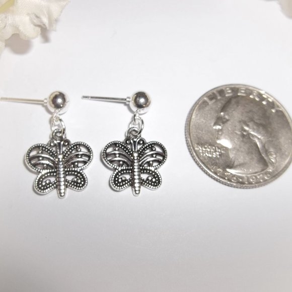 Silver Butterfly Earrings Post Stud Jewelry Minimalist Style Gift Idea Girl A184 - Picture 2 of 8